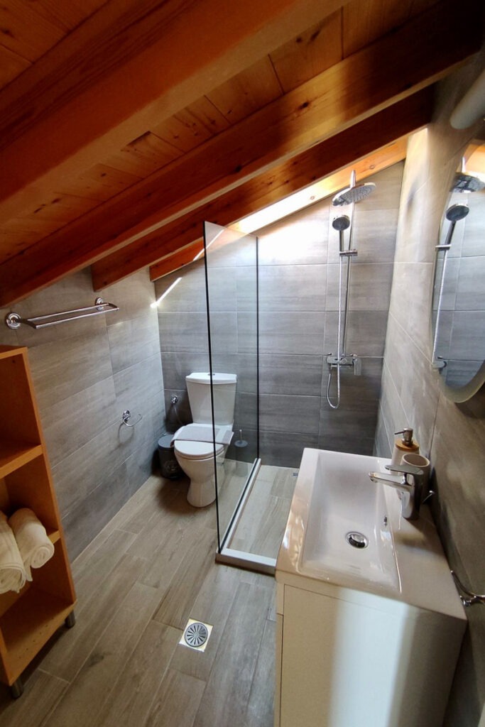 The bathroom of Lysianassa apartment. The bathroom is modern with grey tiles and wooden roof.